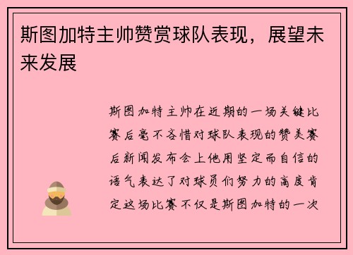 斯图加特主帅赞赏球队表现，展望未来发展